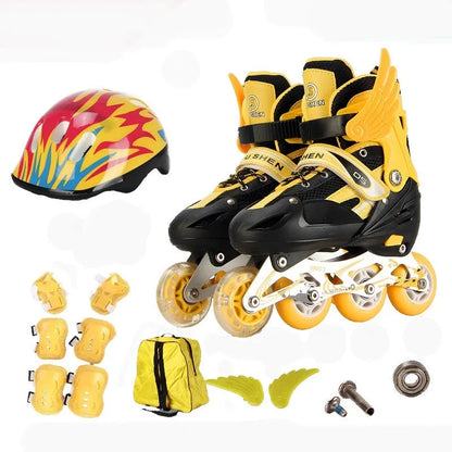 Adjustable children's inline skates in multiple colours with aluminium frame, helmet, protective gear, and backpack.