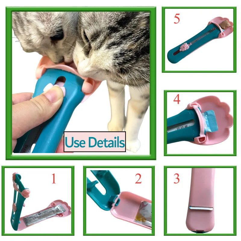 Green and pink pet food scoop and squeezer dispenser for cats and dogs.