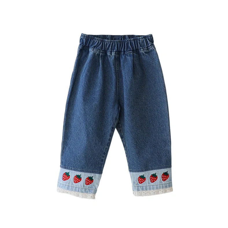 Children's jeans with strawberry embroidery and lace patchwork on denim, mid waist with hairband belt