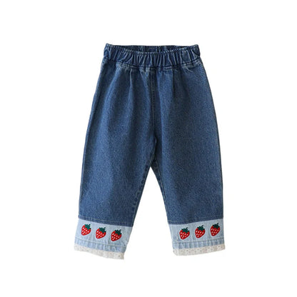Children's jeans with strawberry embroidery and lace patchwork on denim, mid waist with hairband belt