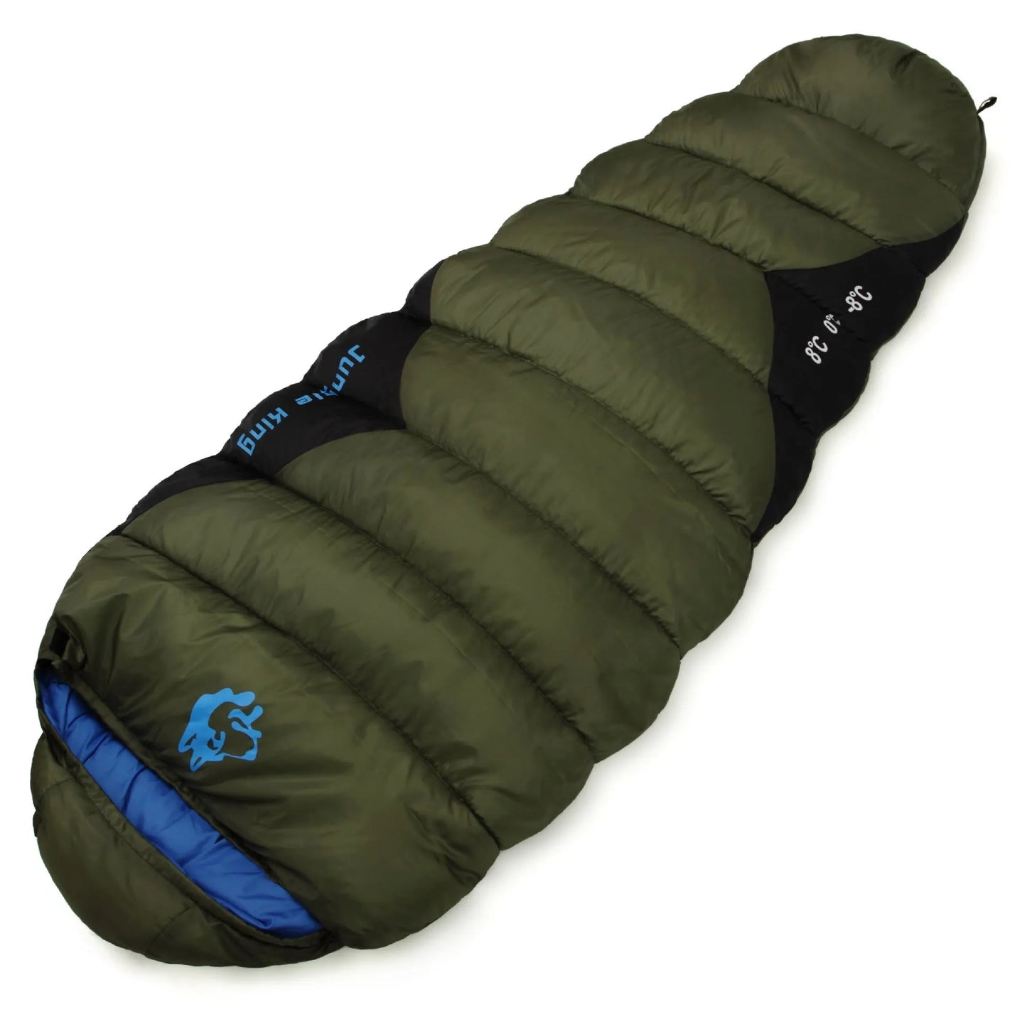 Outdoor mummy sleeping bag in army green with a compression sack, shown unrolled.