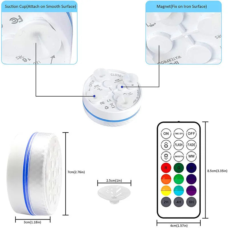 Remote control and small round colour-changing LED diving light with ABS case for underwater use.