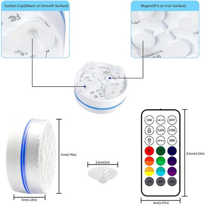 Remote control and small round colour-changing LED diving light with ABS case for underwater use.