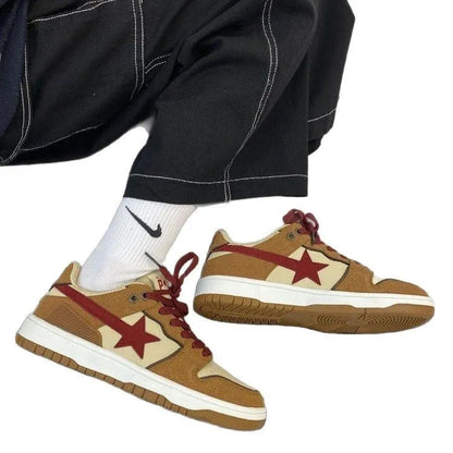 Brown women's platform sneakers with sequin trim and lace-up front