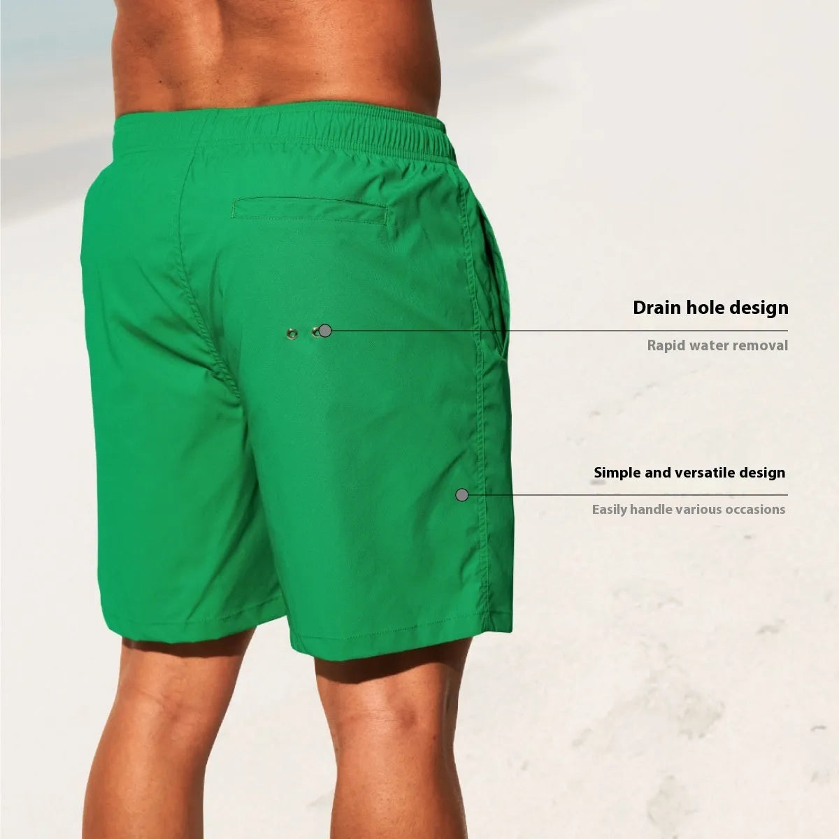 Men's quick-drying nylon beach shorts in four colours with straight leg opening
