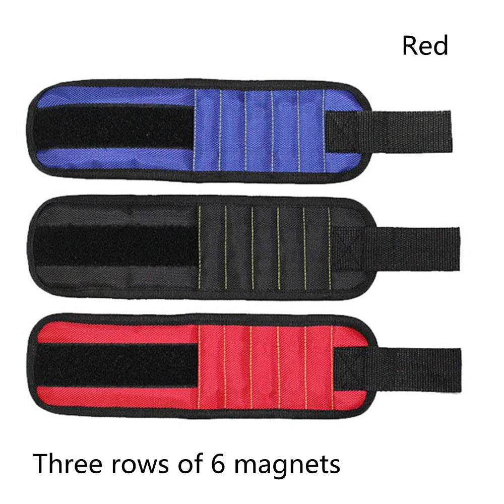 Powerful Magnetic Wristband in blue, black, and red holding tools securely