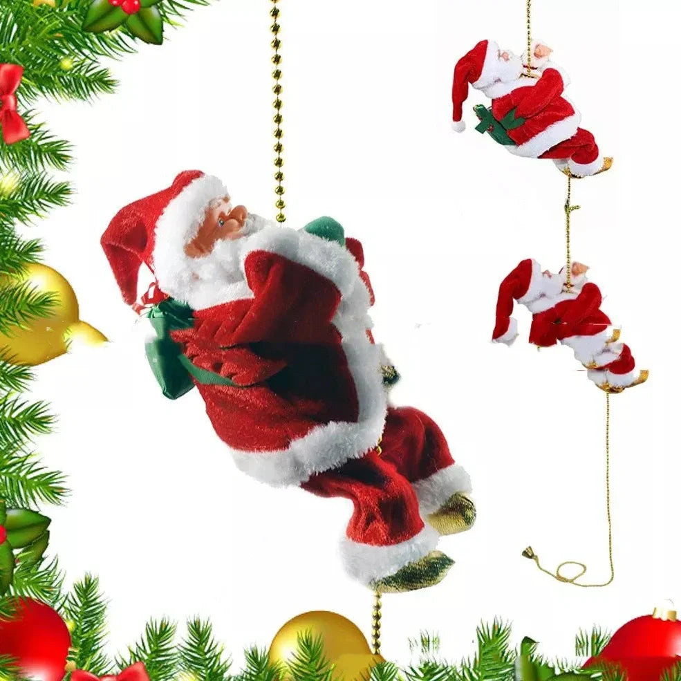 Electric plastic Santa Claus on 30cm climbing ladder with riding deer, in red suit, for Christmas decorations