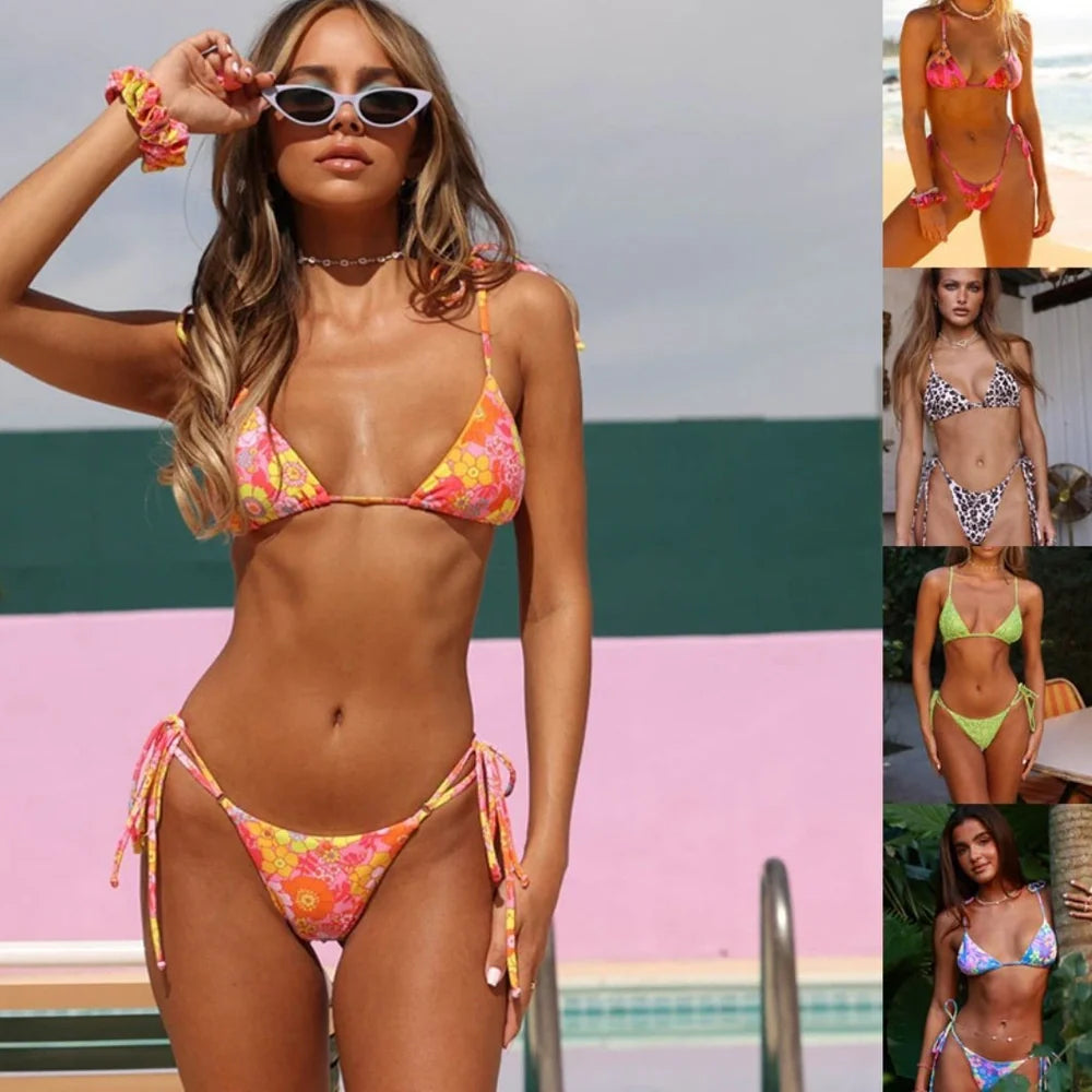 Women's split swimwear bikini set with backless design and floral pattern in available colours