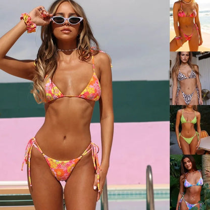 Women's split swimwear bikini set with backless design and floral pattern in available colours