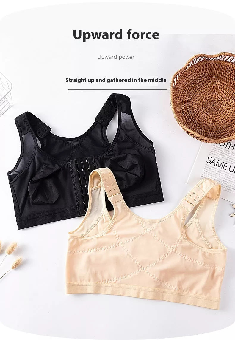 Plus-size front buckle sports bra in white, black, and apricot