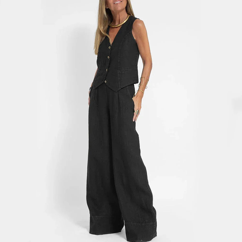 Stylish women's summer vest outfit with V-neck, sleeveless top, and loose straight trousers in a variety of colors