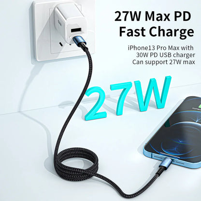 Black USB-C fast charging and data cable with aluminium alloy housing and blue indicator light.