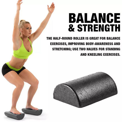 Semi-circular yoga foam roller in black, 30cm length, for muscle massage and stretching