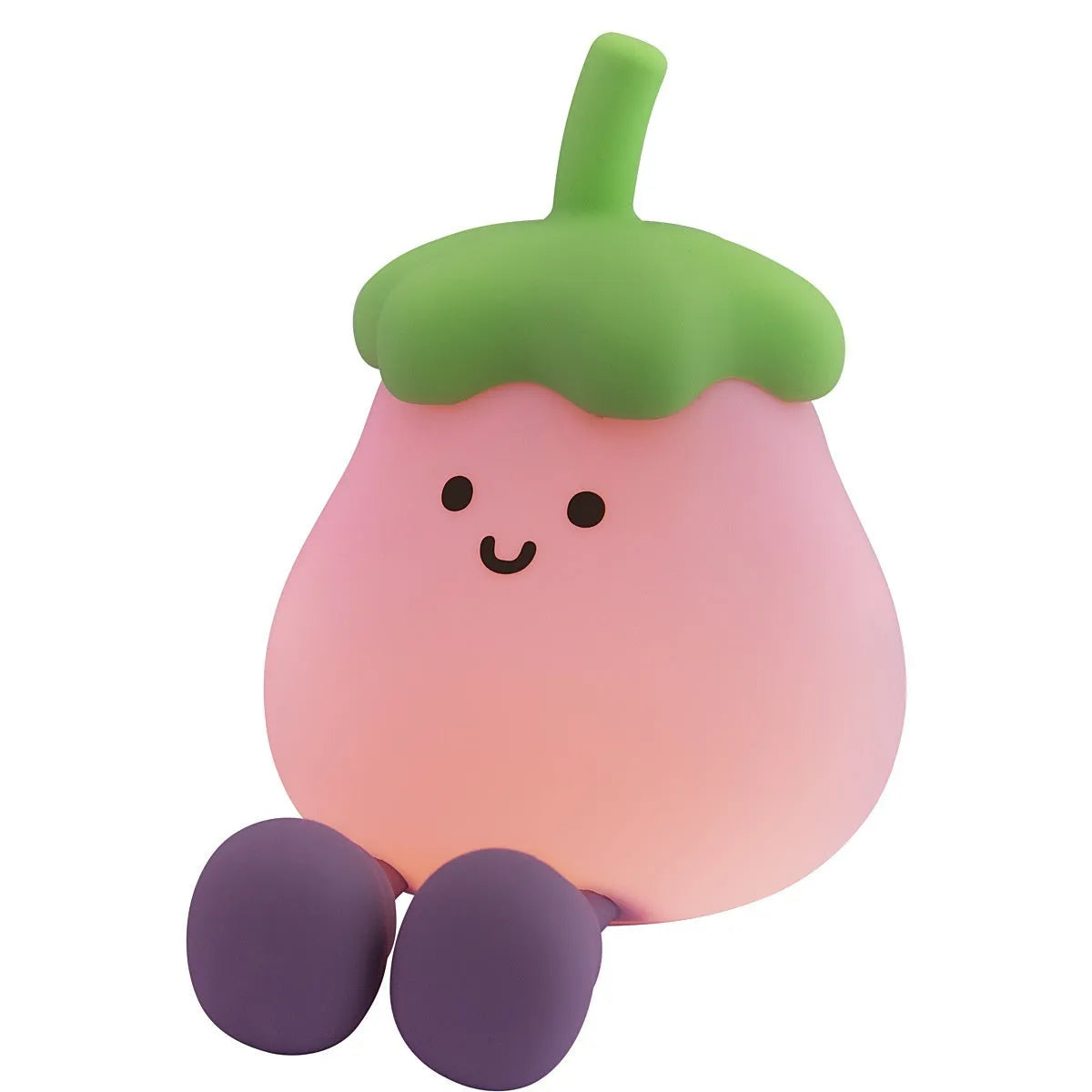 Cartoon eggplant shaped night lamp emitting soft yellow light, showing compact dimensions