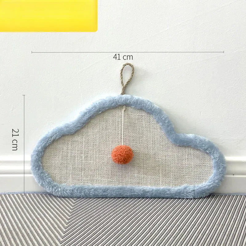 White wall-mounted cat scratching mat with sleeping cat cartoon design, made from natural sisal.
