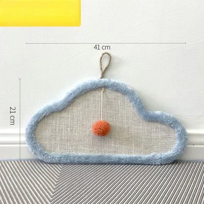 White wall-mounted cat scratching mat with sleeping cat cartoon design, made from natural sisal.