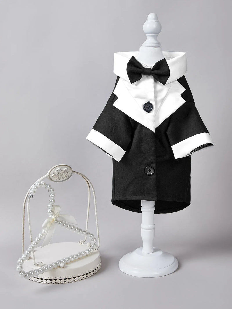 Pet wedding suit dog clothing gentleman four-legged suit formal wear for small to extra large dogs in Chinese style, made from polyester fabric with black, dark blue, and grey colour options.