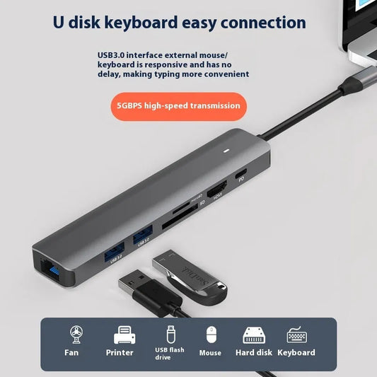 Card Reader PD Computer Hub showing USB-C connector, HDMI port, USB 3.0 ports, and SD slots on aluminium body