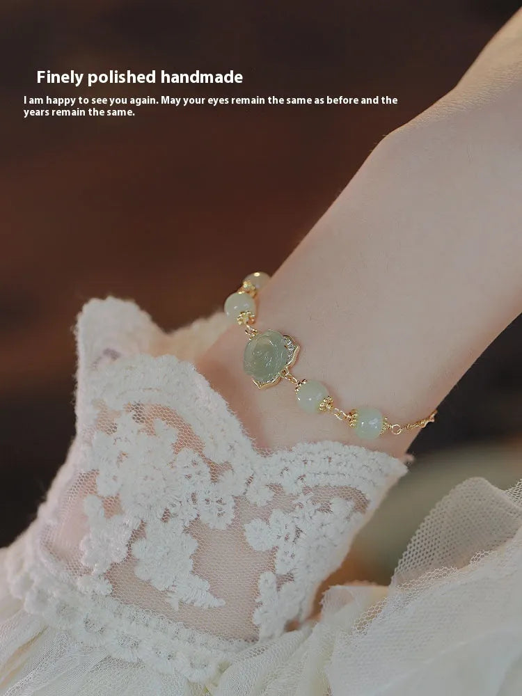 Hetian jade rose women's bracelet with 14K gold gilding and floral design