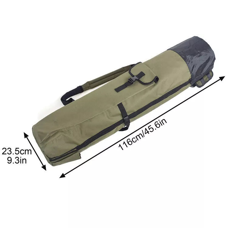 Cylindrical fishing bag for rods and gear in black or army green