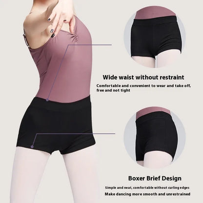 Black cotton ballet practice shorts for women in solid colour, suitable for dance and fitness exercise