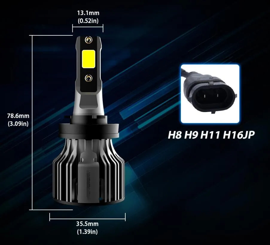 Pair of 6000K white LED car headlight bulbs with adjustable chuck and connector on a dark background.