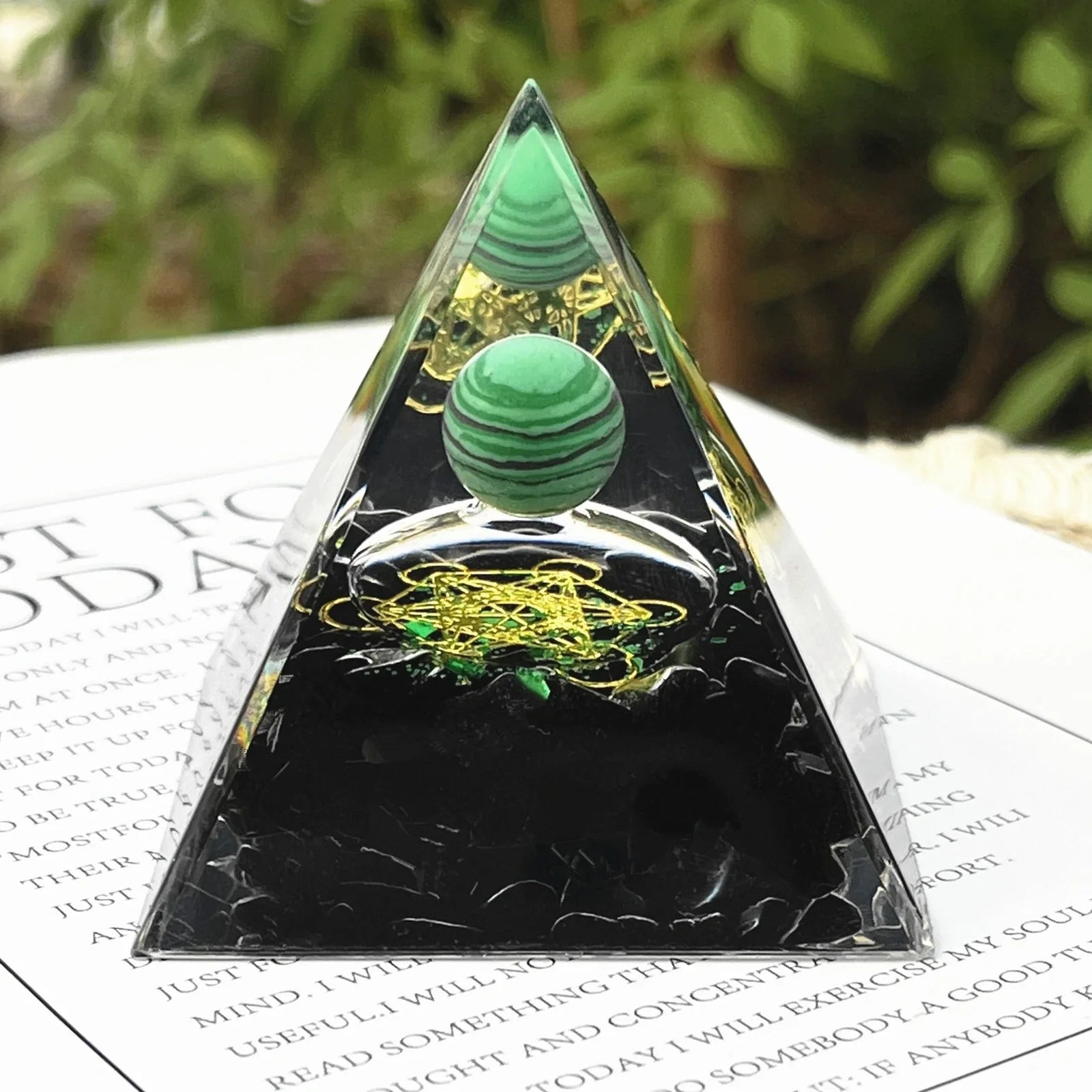 Crystal ball gravel pyramid resin artwork with 6cm diameter and 50mm base