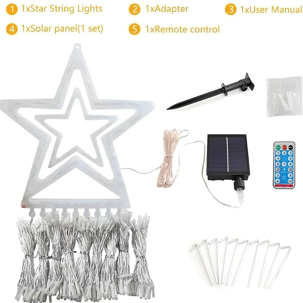 LED five-pointed star waterfall light, 1000mm length with 1000 lumens warm white glow for outdoor courtyard decoration, IP44 rated