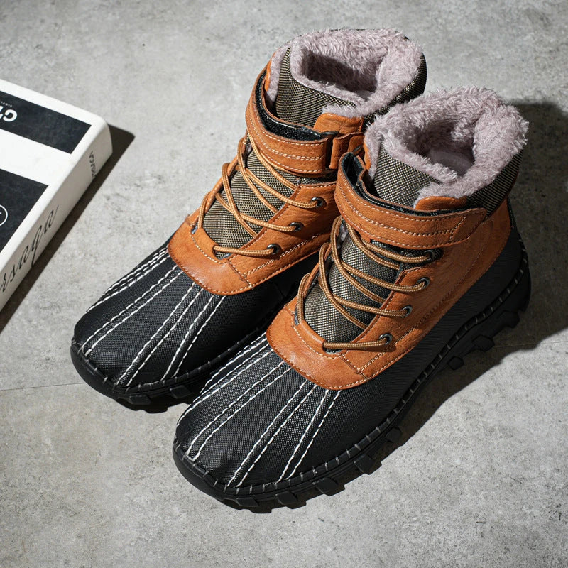 Warm lace-up winter snow boots with fleece lining, waterproof and anti-slip rubber soles, and stylish velvet or single-color options