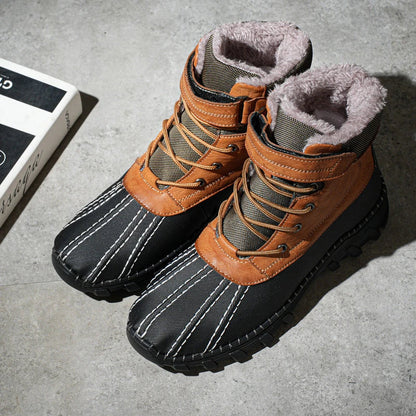 Warm lace-up winter snow boots with fleece lining, waterproof and anti-slip rubber soles, and stylish velvet or single-color options