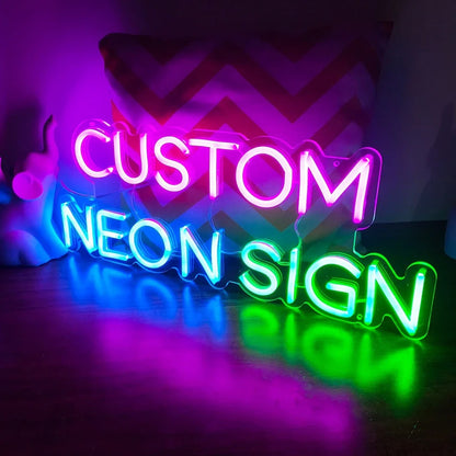 Custom neon letter sign with Alec shell material in 50cm to 90cm sizes showing 12V power system