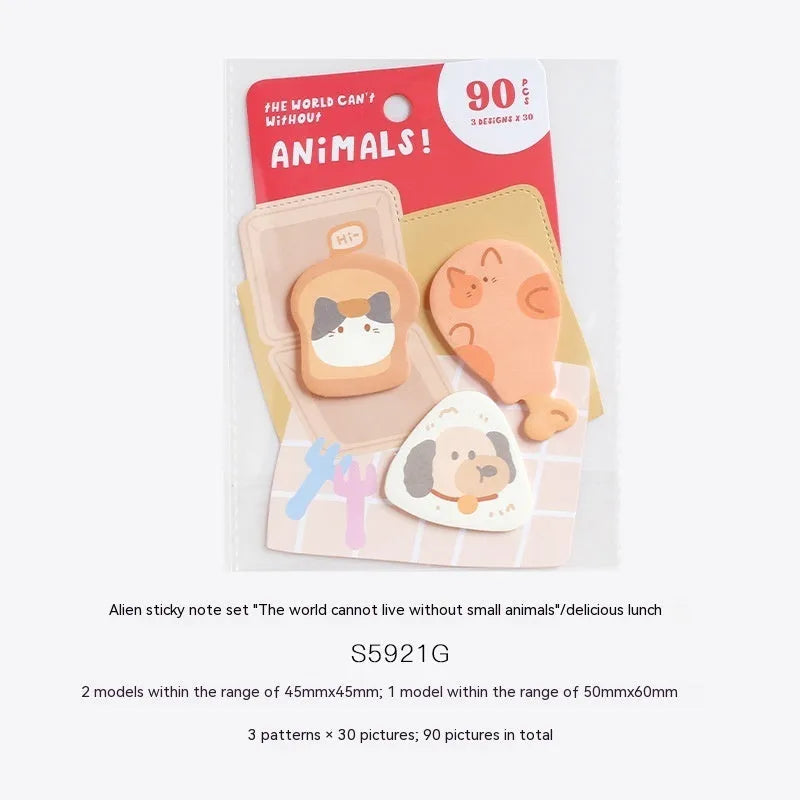 Small animal shaped sticky note set with 90 pages, showing six colourful cover options including bunnies, kittens, and otters