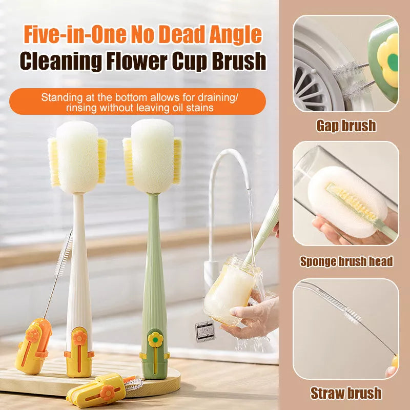5-in-1 cup cleaning tool with long handle and sponge brush in cream white and dark green