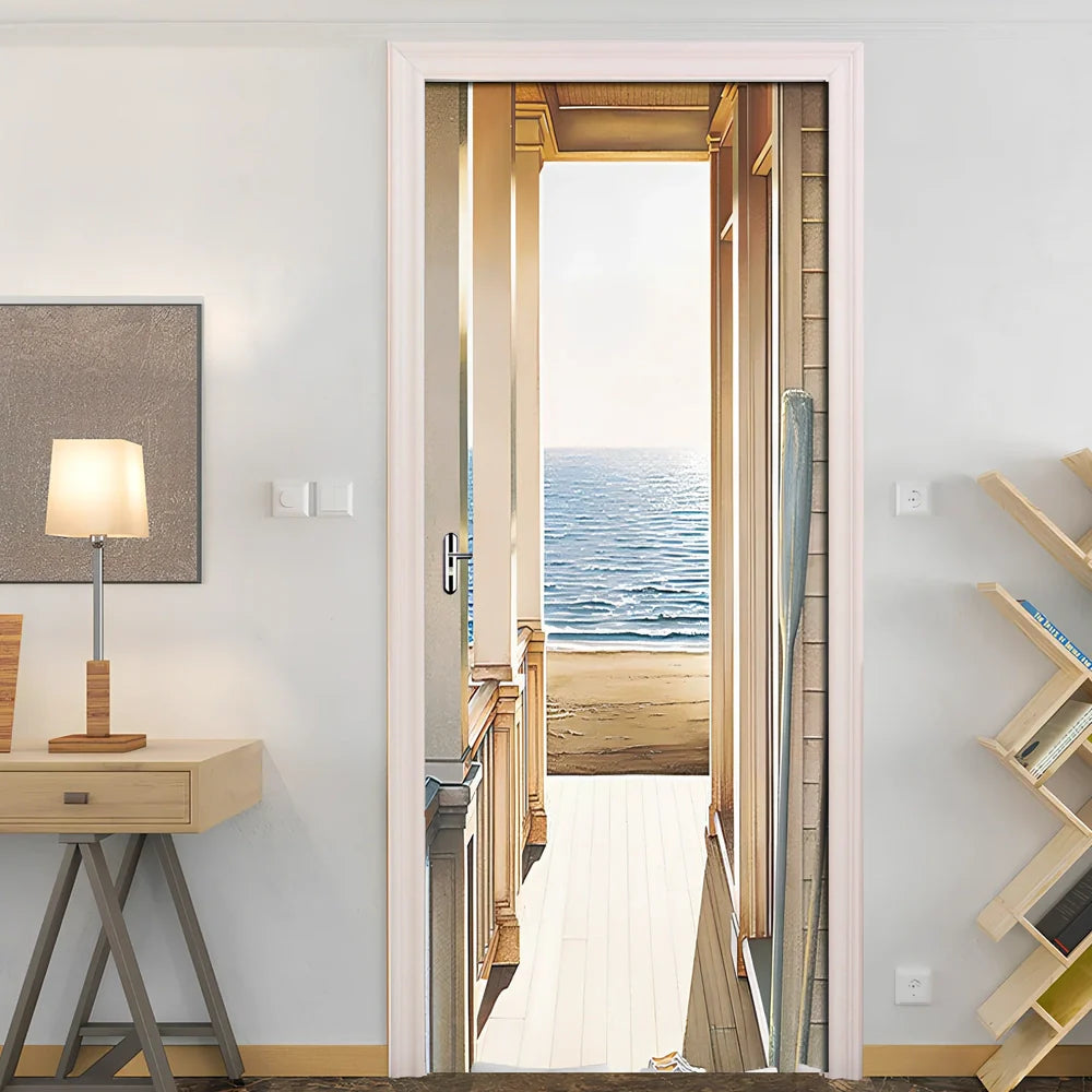 77x200cm 3D landscape PVC self-adhesive door sticker mural on white door, waterproof wall decal for home decor