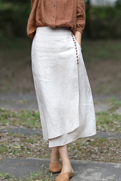 Artistic linen skirt with unique stitching in hemp color, perfect for retro and literary style outfits.