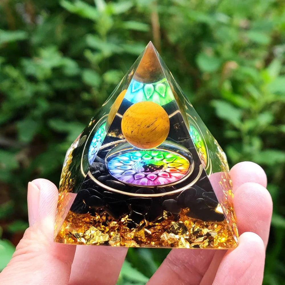 Crystal ball gravel pyramid resin artwork with 6cm diameter and 50mm base