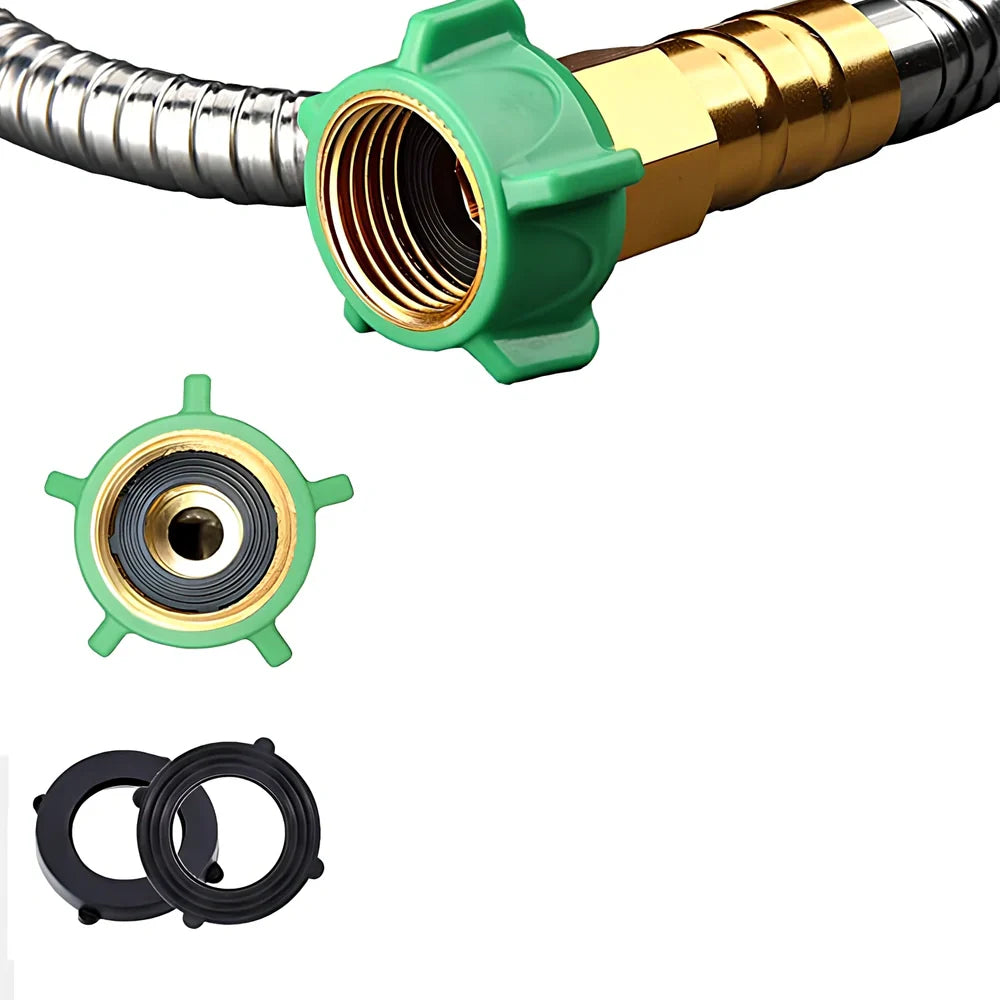 Stainless steel garden hose with brass adjustable nozzle coiled in UK garden setting