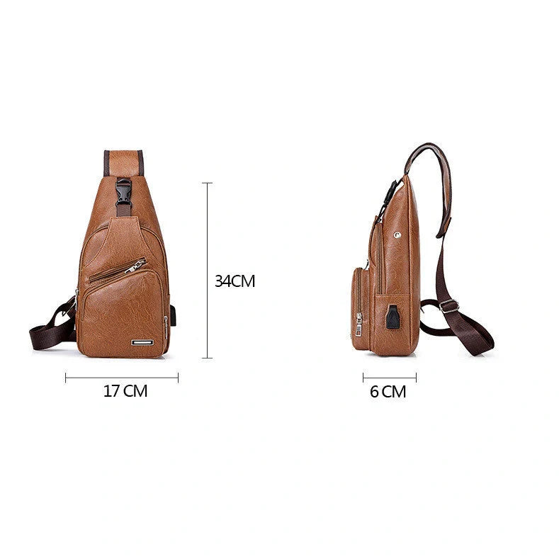 Stylish USB charging chest bag made of durable PU leather, featuring a roomy interior, dedicated smartphone pocket, and adjustable strap for comfort.