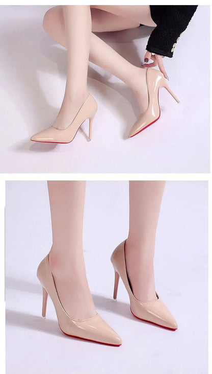 Women's black stiletto heel pumps with pointed toe and shallow mouth design on a neutral background