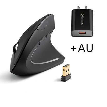 Black ergonomic vertical wireless mouse showing 57-degree angle design with USB receiver