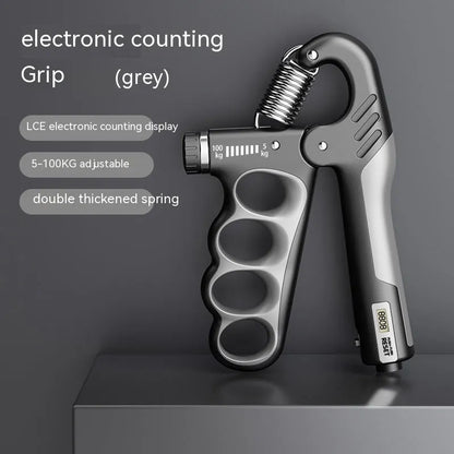 Adjustable electronic count spring gripper in orange, red, or grey with digital display.