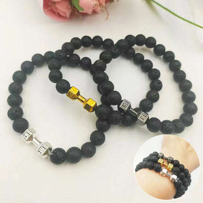 Men's fitness fashion bracelet with alloy dumbbell and lava rock beads, 18cm length, 20g weight