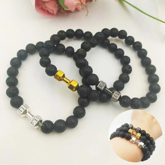 Men's fitness fashion bracelet with alloy dumbbell and lava rock beads, 18cm length, 20g weight