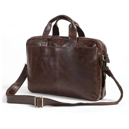 Brown men's leather business briefcase with an 18-inch size and polyester cotton lining.