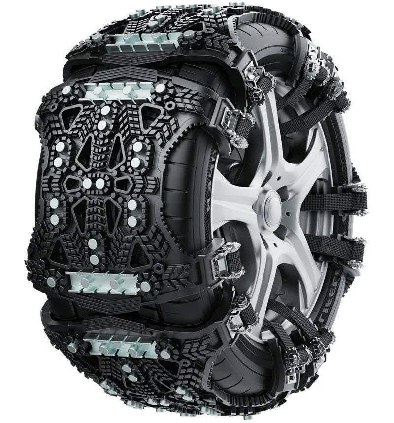 Universal steel plate tire chains for cars and SUVs with installation tools and accessories
