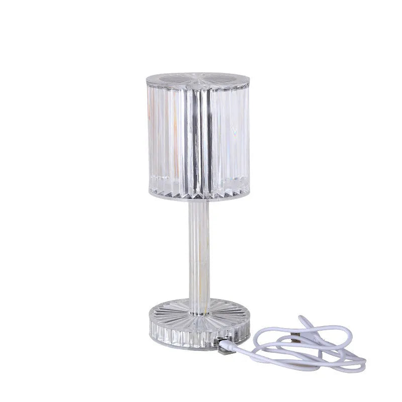Crystal table lamp with K9 crystal shade and touch dimmable LED lighting on wooden table