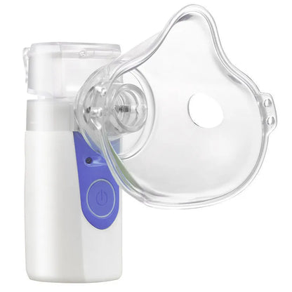 A white columnar handheld USB nebuliser spray machine with a single mist outlet on a table.