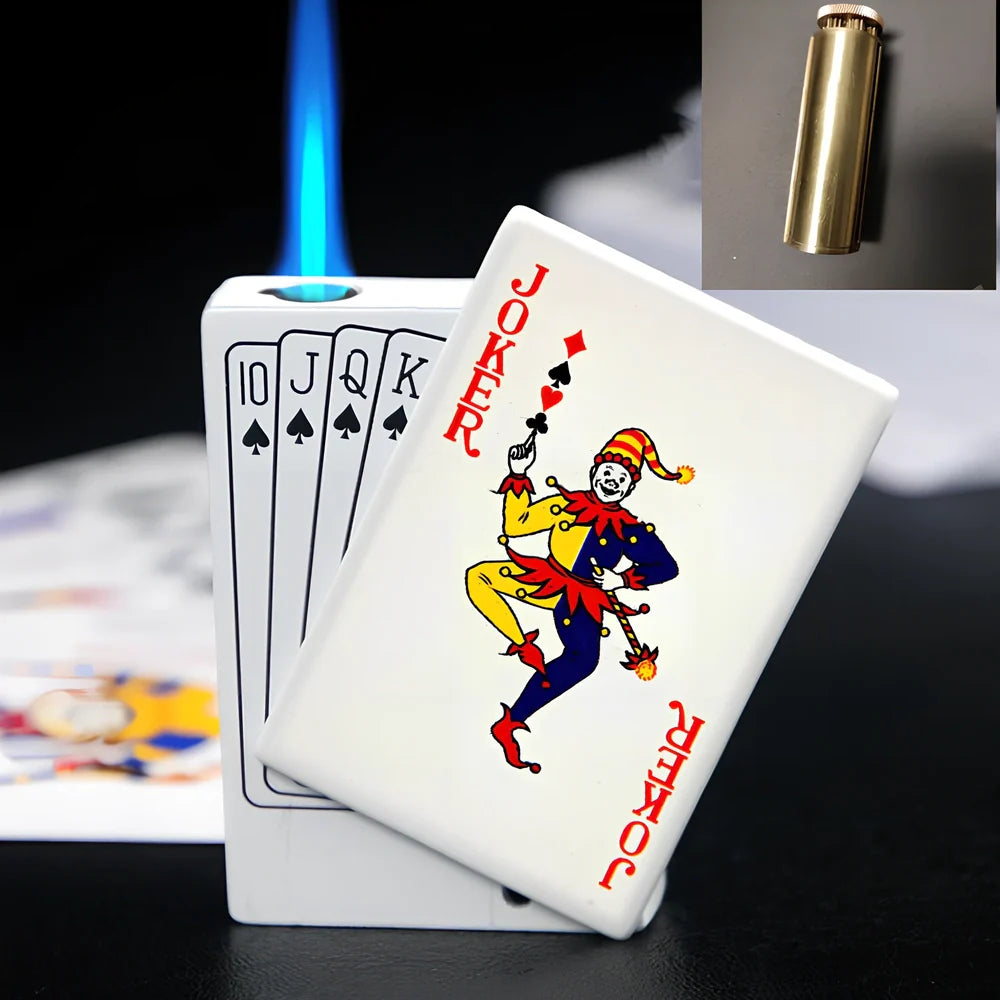 Metal poker gas lighter keychain with direct punch king design, 6cm length, attached ring for keys