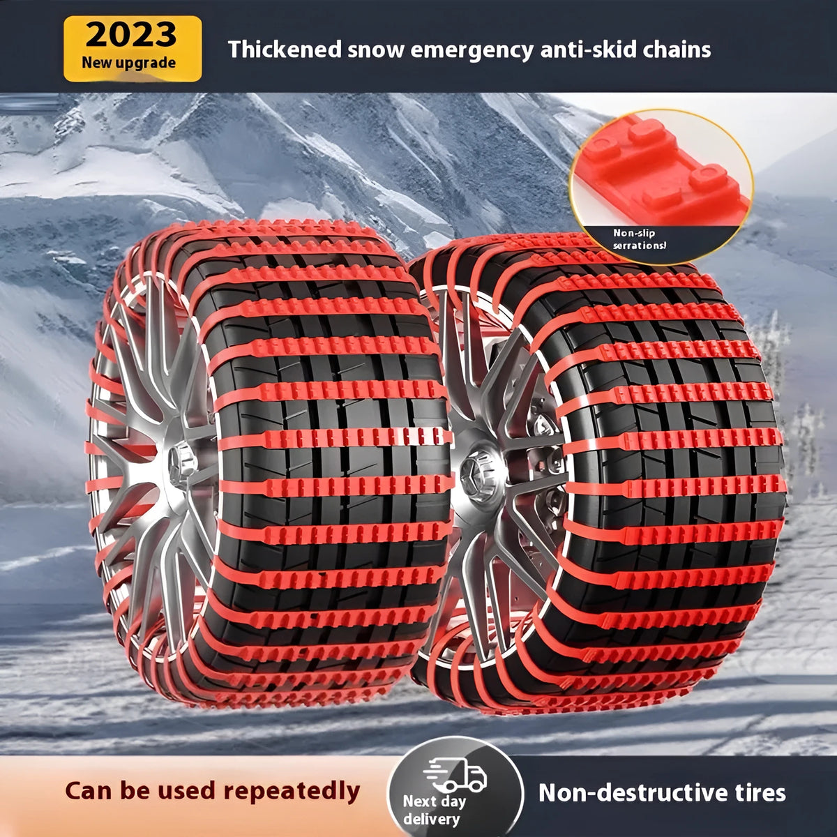 Emergency plastic double-tooth nonskid chain ribbon for universal car tyre grip, shown flat