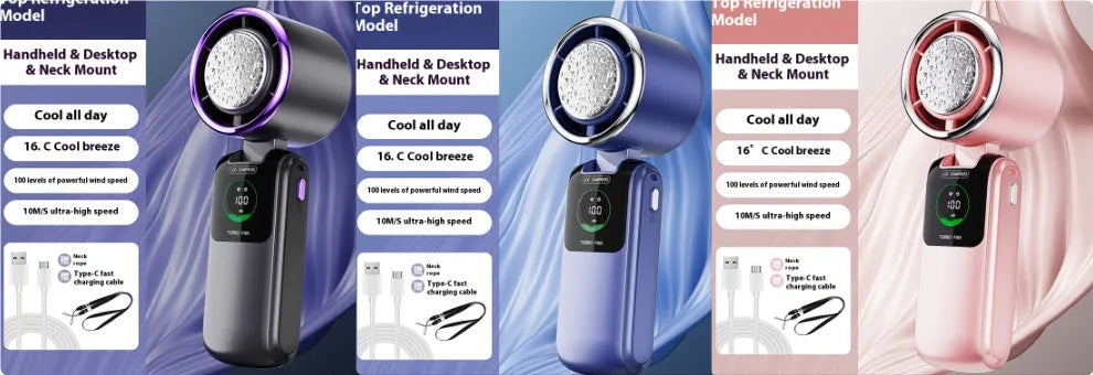 Blue USB rechargeable handheld folding fan with a neck strap and speed control buttons